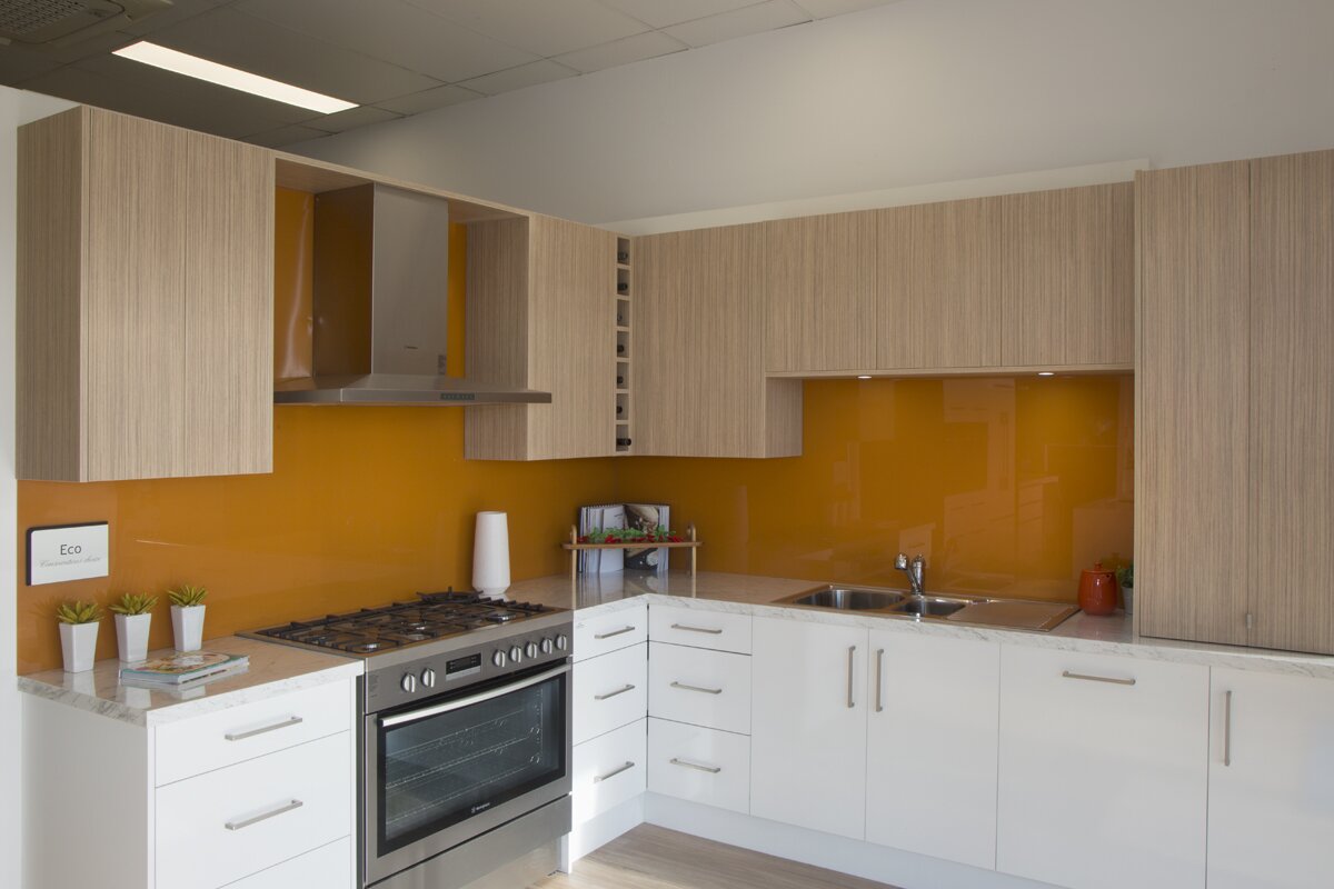Glass Splashbacks for Kitchens in white and brown cabinets